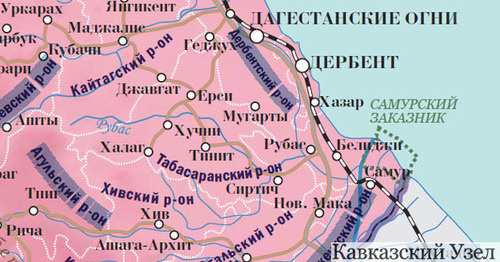 Карта Табасаранского района Дагестана. Фрагмент карты "Кавказского узла", http://dagestan.kavkaz-uzel.ru/articles/235920/