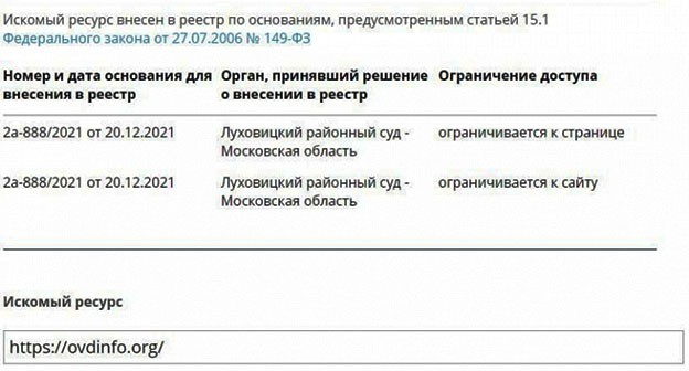 Блокировка сайта "ОВД-инфо"*. Фото: https://habr.com/ru/news/t/597833/