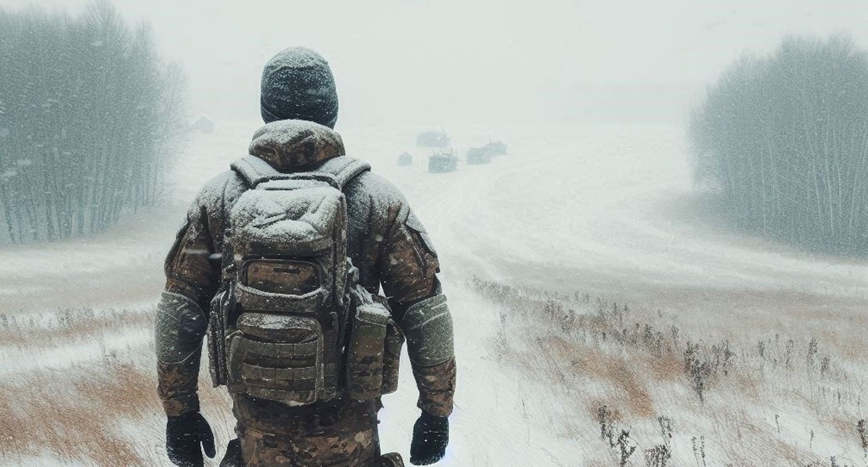 Военный в поле. Иллюстрация создана «Кавказским узлом» с помощью ИИ в программе Copilot